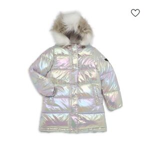NWT SAM EDELMAN Girl's Iridescent Quilted Faux Fur Hooded Puffer Jacket